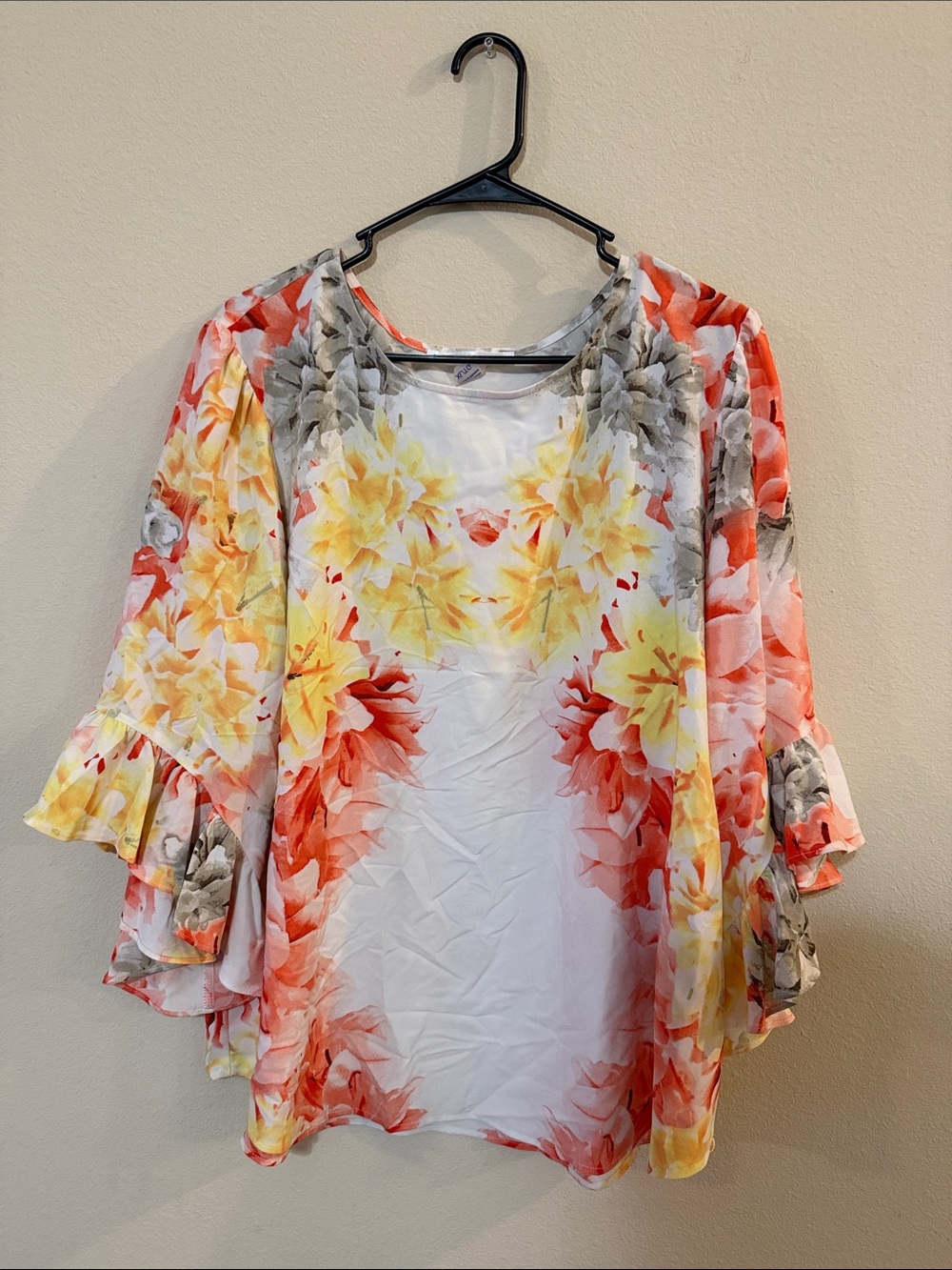 Floral Bell-Sleeve Tunic in Yellow, Coral & Gray